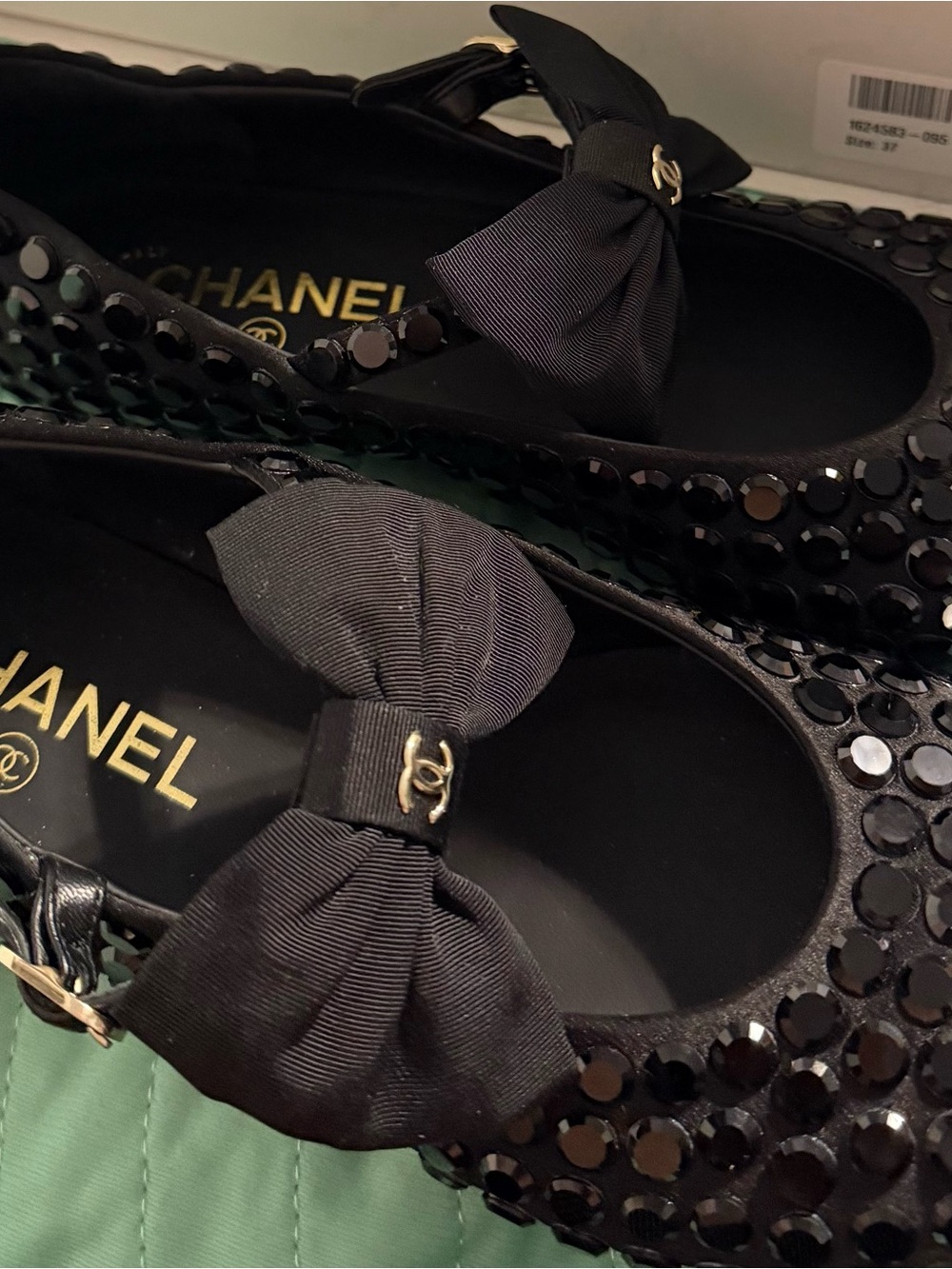 CHANEL Black Sequin Grosgrain Bow Ballet Flats